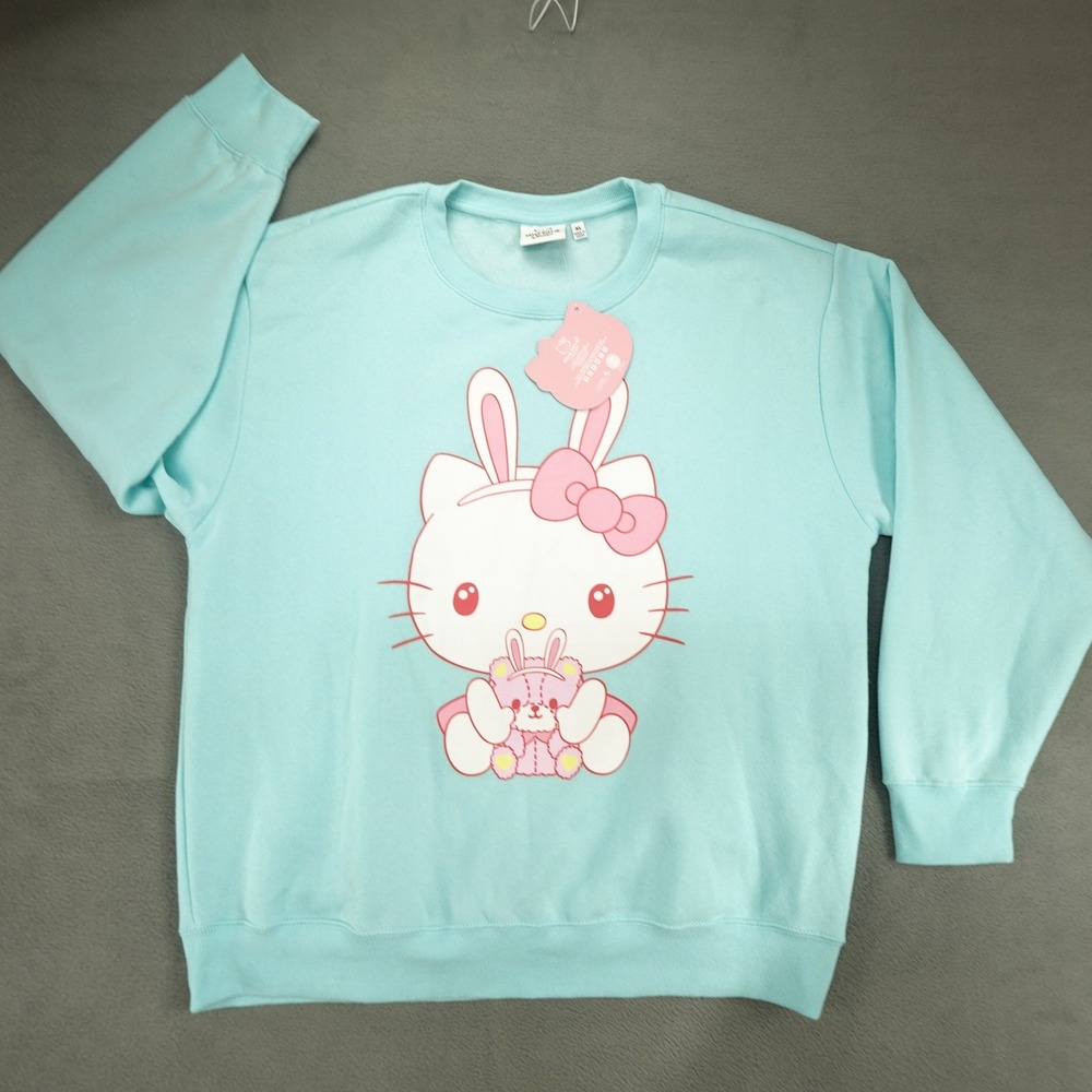 NEW Hello Kitty Sweatshirt Crewneck Womens XL Easter Bunny Ears‎ Teal NWT
